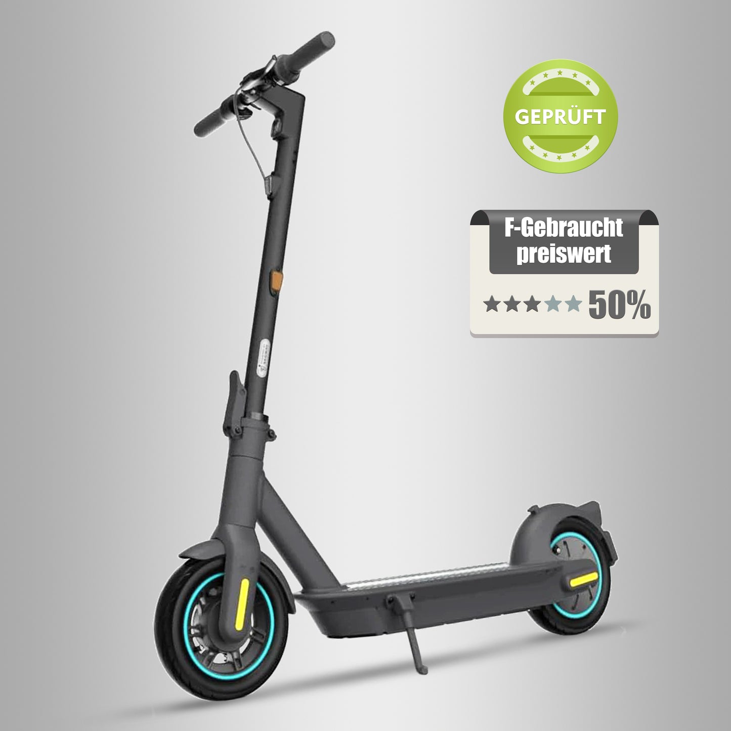 Gebrauchter Segway Ninebot MAX G30D II E-Scooter, dunkelgrau mit gelben Akzenten, geprüft und preiswert – 50 % Rabatt
