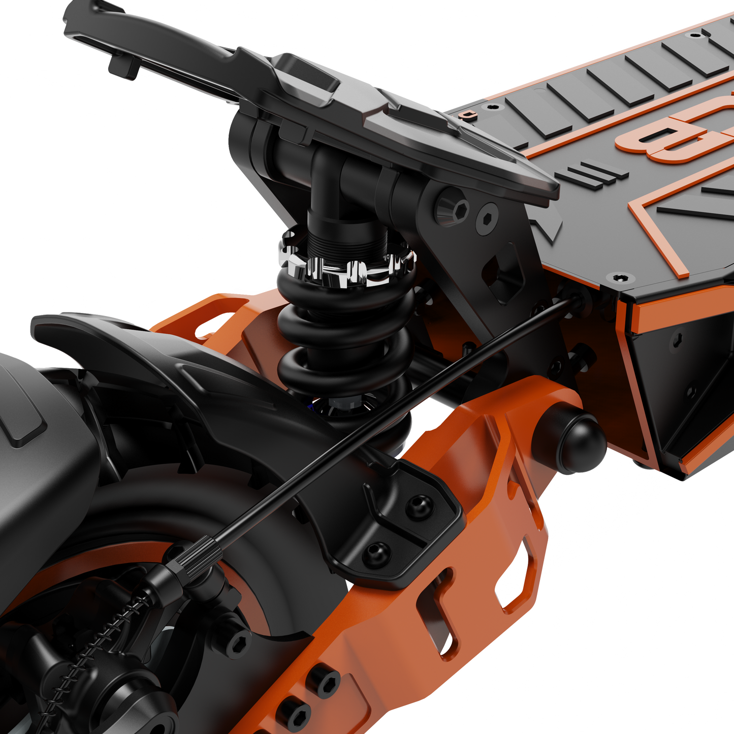 Detail der Hinterradaufhängung des RCB D7 Pro E-Scooters mit orangefarbenen und schwarzen Akzenten