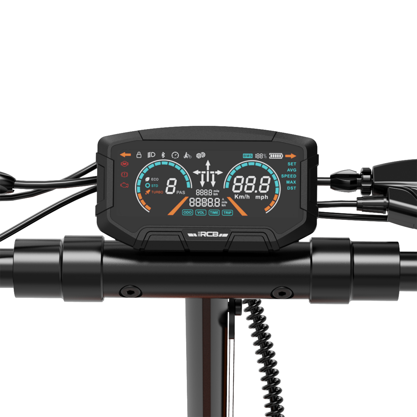 Das Display des E-Scooters RCB D7 Pro zeigt Details zu Geschwindigkeit, Akku und Fahrmodus an.