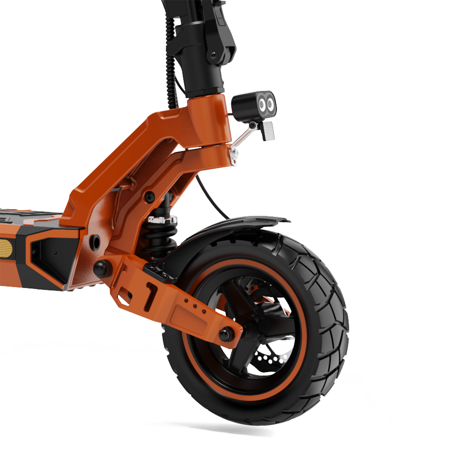 Detail des Vorderrads des Elektrorollers RCB D7 Pro. Orange-schwarzer E-Scooter mit Federung.