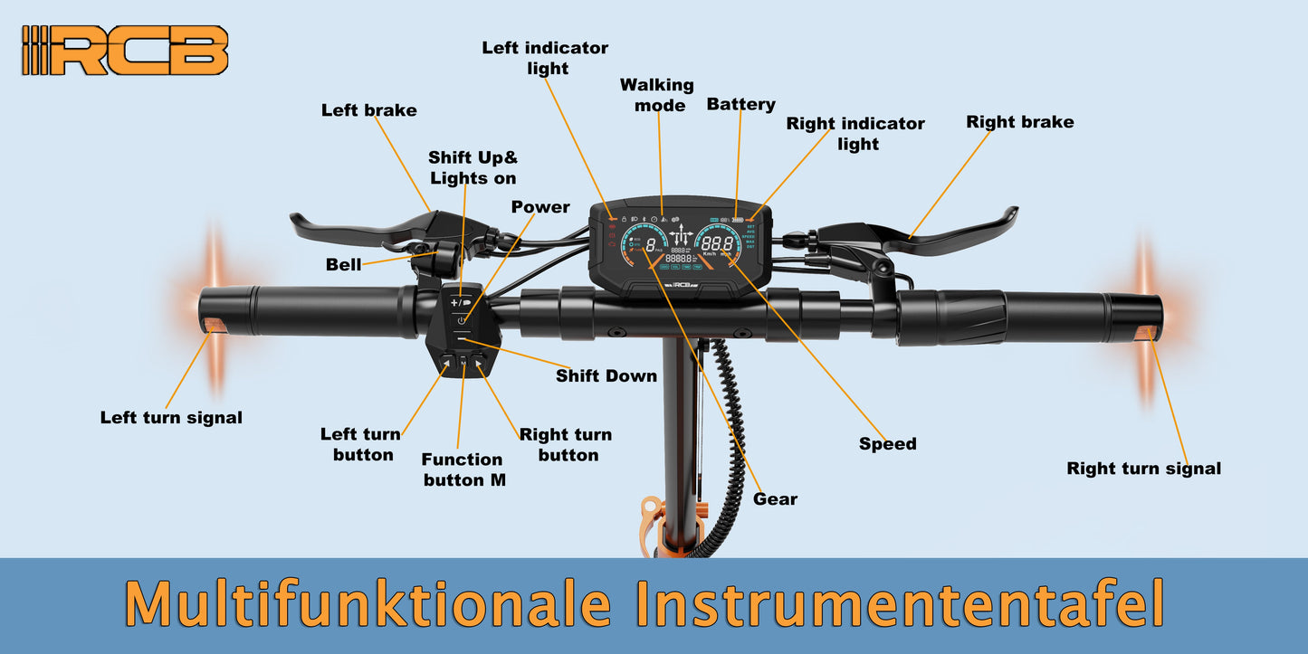 RCB D7 Pro E-Scooter-Lenker mit multifunktionaler Instrumententafel, inklusive Blinkern, Bedienelementen und Blinkern