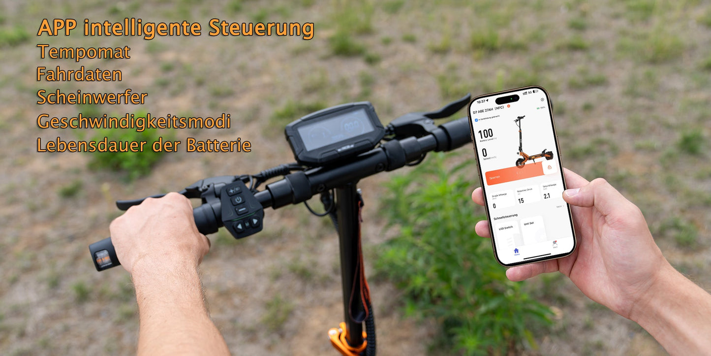 RCB D7 Pro E-Scooter mit Smartphone-App-Steuerung, Anzeige von Geschwindigkeit und Akkudetails