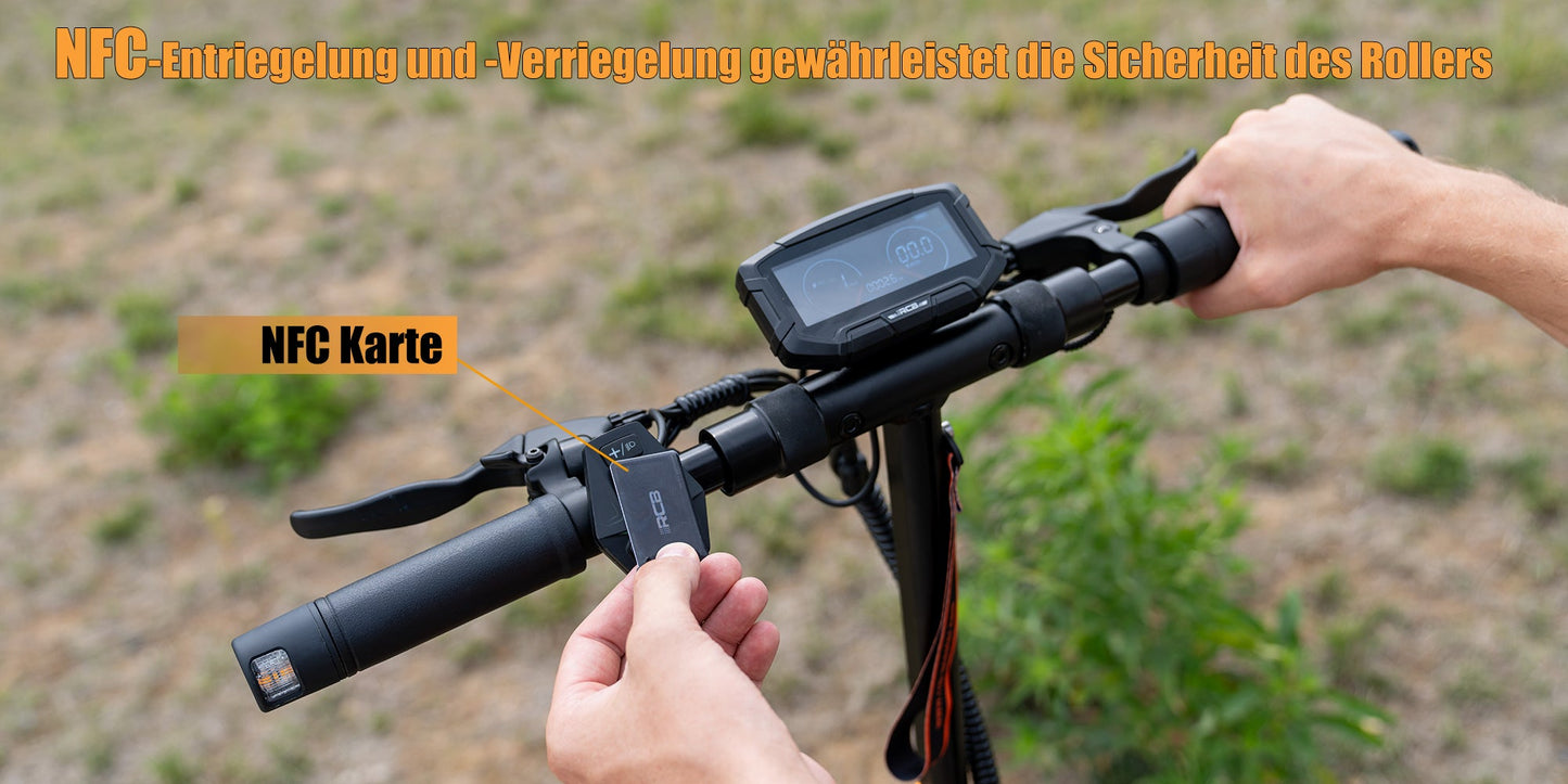 RCB D7 Pro E-Scooter NFC-Schlüsselkarte zum Entsperren und Nachweisen der Sicherheitsfunktion. E-Scooter mit Straßenzulassung.