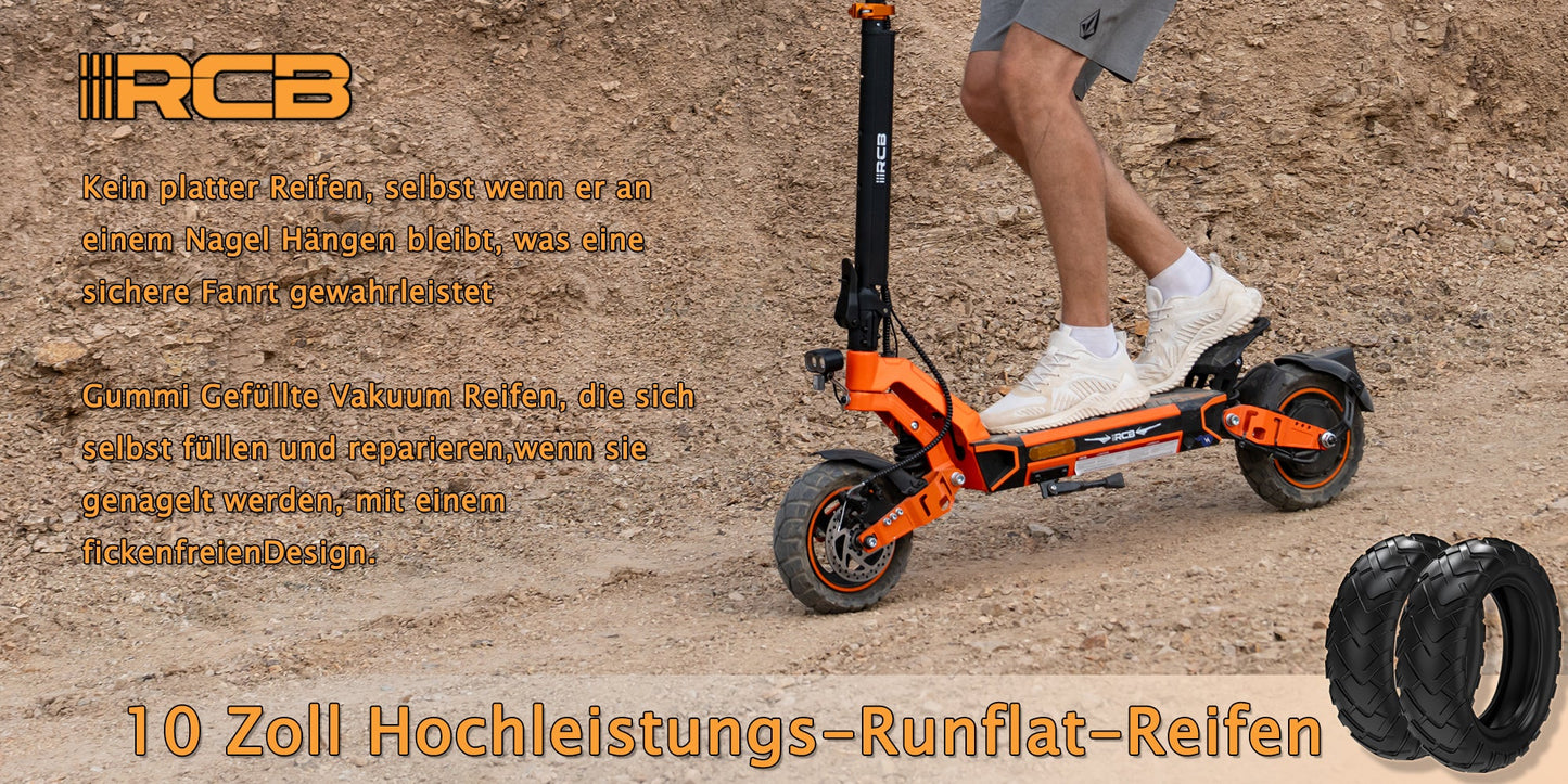 RCB D7 Pro E-Scooter mit 10-Zoll-Runflat-Reifen, abgebildet auf einem Feldweg