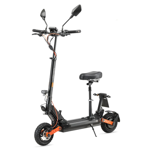 Joyor S8E E-Scooter mit Sitz – Schwarzer Elektroroller mit Sitz und Spiegeln.