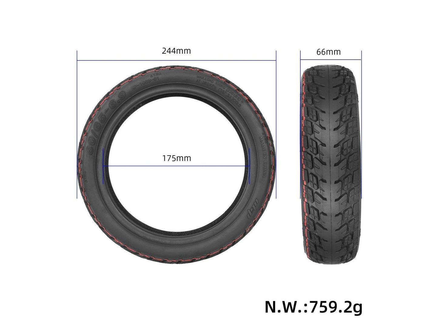 60/65-6.9 Offroad-Reifen mit Abmessungen - Schwarz mit rotem Streifen, für Ninebot G2D & E2 PRO D