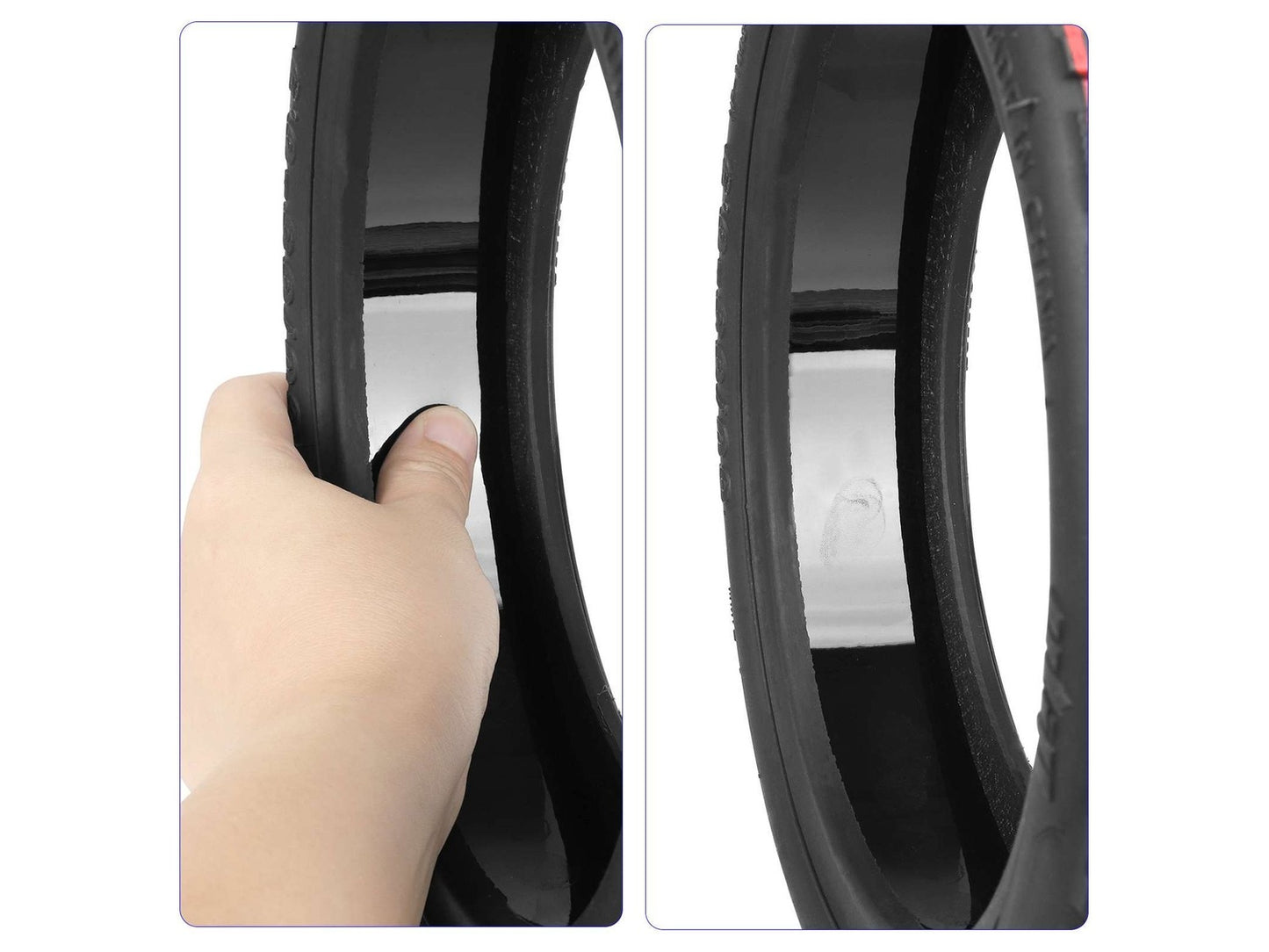 Detail des schwarzen schlauchlosen Offroad-Reifens 60/65-6.9. Handinspektion des Ninebot-Scooter-Reifens.