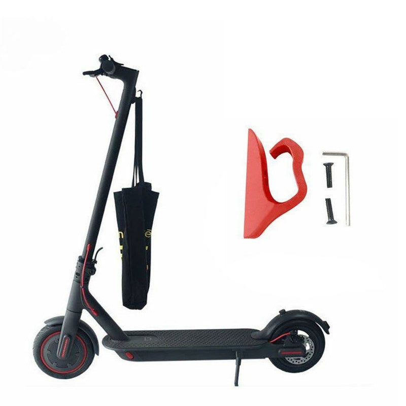 Roter S-förmiger Haken für den Xiaomi-Scooter, komplett mit Befestigungsmaterial. Sichere Tragelösung für E-Scooter-Fahrer.