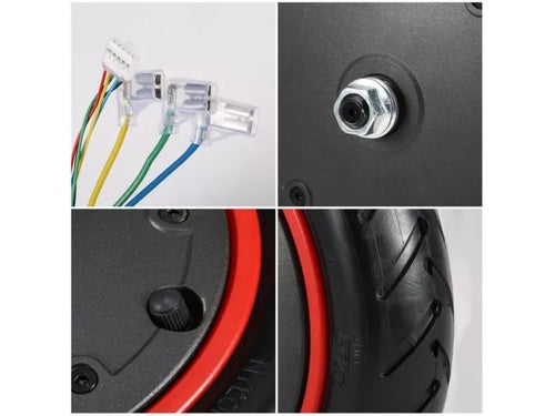 Motorkomponenten für Elektroroller: Verkabelung, schwarzer Reifen, rote Felge und Achsmutter für den E-Scooter Xiaomi M365Pro