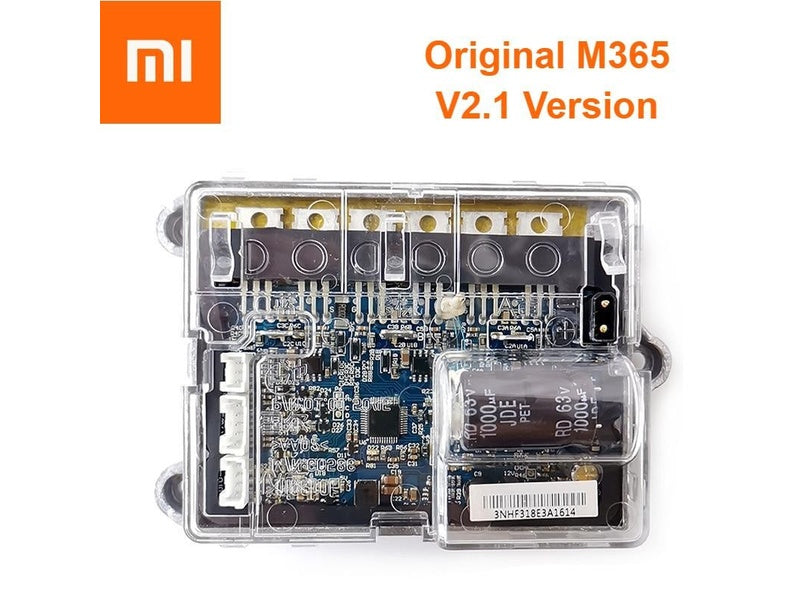 Original M365 V2.1 Controller mit transparentem Gehäuse, elektronischen Bauteilen und Kondensatoren. E-Scooter Straßenzulassungsteil.