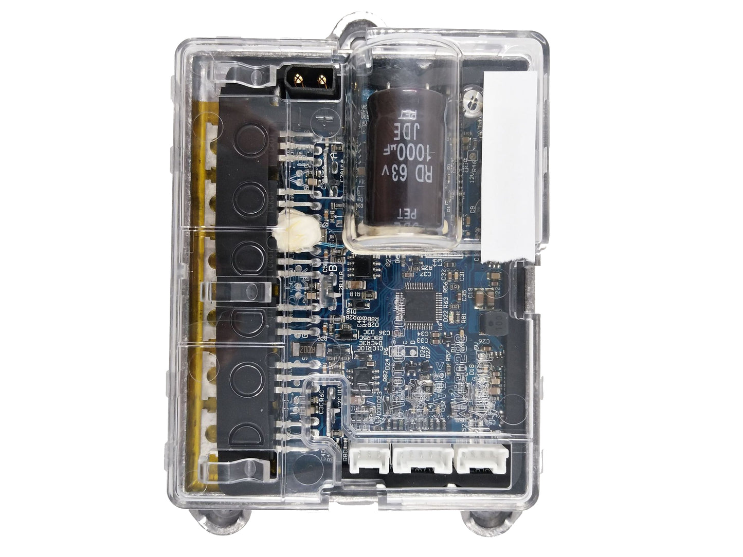 M365 Controller Steuergerät (V2.1) mit transparentem Kunststoffgehäuse, elektronischen Bauteilen, Kondensator RD 63v 1000µF
