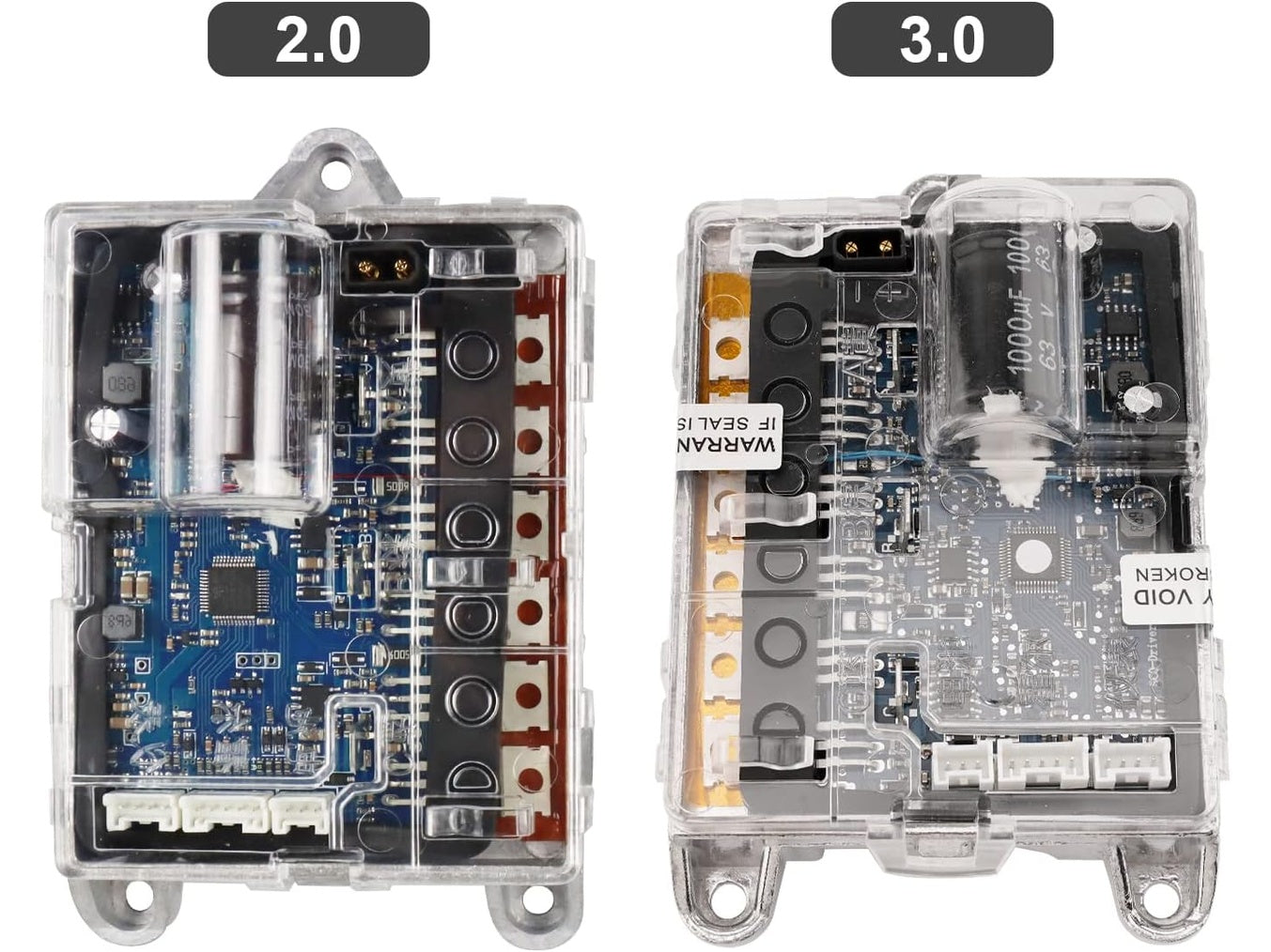 Steuergerät Steuergerät M365 (V2.0 & 3.0) für E-Scooter-Reparatur und Straßenzulassung, transparentes Gehäuse, elektronische Komponenten.