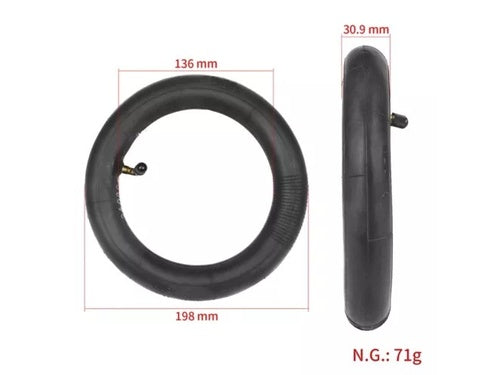 8,5 Zoll Ersatzschlauch für E-Scooter mit den Maßen: 198mm, 136mm, 30,9mm. Schwarzer Gummischlauch, Gewicht 71g.