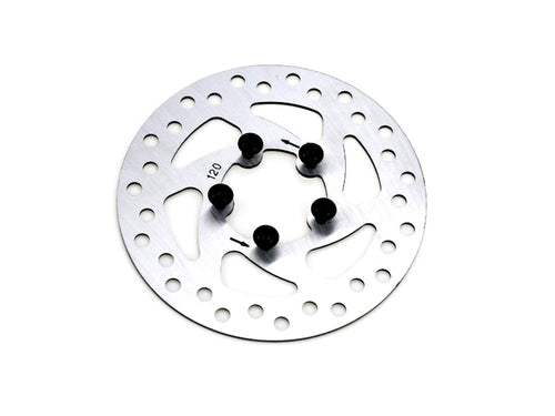 Silberne 120mm Bremsscheibe für Xiaomi M365 Pro. E-Scooter Bremsscheibe mit 5 Löchern und "120" Markierung.