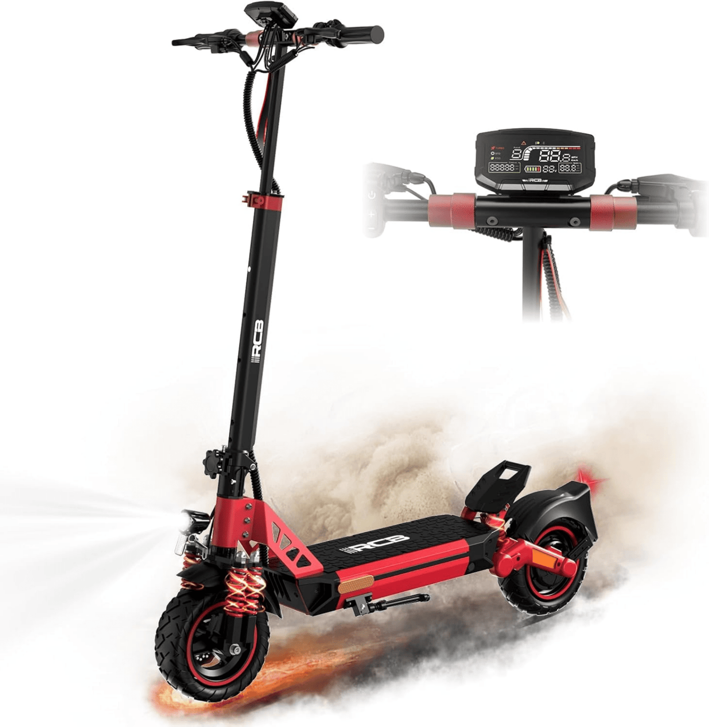 RCB D5 E-Scooter in rot mit LED-Display für urbane Mobilität und Komfort. RCB E-Scooter D5 ABE - WeRoll Tech