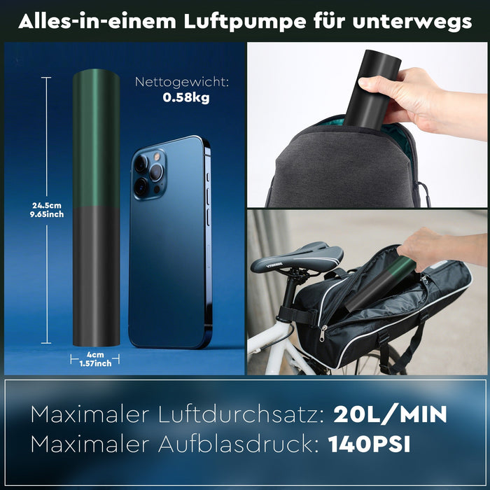 Eine tragbare Luftpumpe, 24,5 cm hoch und 0,58 kg schwer, passt in eine Tasche. Sie pumpt bis zu 140 PSI mit einem maximalen Luftstrom von 20 l/min auf.