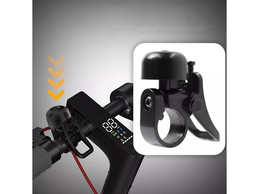 Schwarze Metallklingel für den E-Scooter Xiaomi M365, Nahaufnahme des Produkts mit Hebel für E-Scooter-Benutzer.