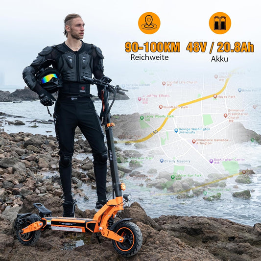 RCB D7 E-Scooter mit Fahrer in Stadtkleidung, der Reichweite und Batteriedaten zeigt. RCB E-Scooter D7 ABE - WeRoll Tech